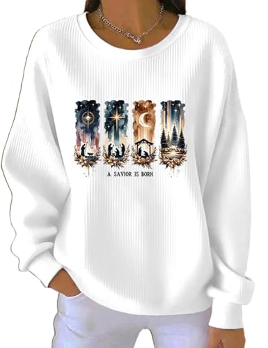 Women's Christmas Joy To The World Christian Sweatshirt, A Savior Is Born Holiday Top (white, 3xl)
