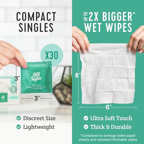 Stall Mates - Flushable Wipes, Individually Wrapped, Travel Friendly, Unscented with Cucumber, Vitamin-E & Aloe, (30 on-the-go singles) - Image 5