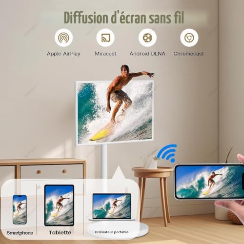 NzEupno TéLéViseur Portable sur roulettes avec TéLéCommande, éCran Tactile Orientable, TéLéViseur Mobile sur Pied | CaméRa 800W | Batterie IntéGréE, Rotation ComplèTe White-4+64G – vue 7