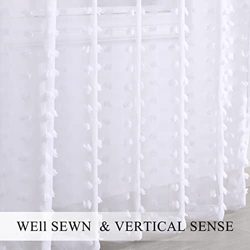 White Sheer Curtains 84 Inch Length 2 Panels Set For Living Room, Semi Sheer White Curtains For Nursery Girls Bedroom Cute Tufted Pom Pom Boho Curtains Grommet Farmhouse Window Curtain 84 Inches Long #TOP4