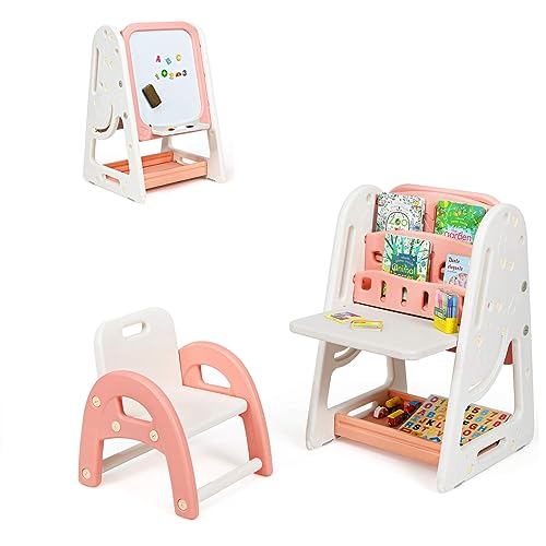 COSTWAY 2 en 1 Chevalet Enfants Magnétique avec Hauteur Réglable, Tableau à Dessin Double Face en HDPE avec Tabouret, Bureau Pliable, Etagère de Rangement,...