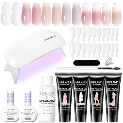 SAVILAND Hema-Free Polygel Starter Set mit UV Lampe: 4 Farben Weiß Rosa Nude Weizen Polygel Nägel und Schnell Trocknender lip Solution Base Top Coat Acrylnägel Nagelset Gelnägel Nagelverlängerung