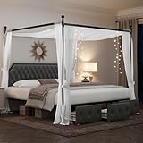 Keyluv King Upholstered Canopy Bed Frame with 3 Drawers and Button Tufted Headboard Metal Platform Bed with 4 Removable Posts Two-Purpose Velvet Bed No Box Spring Needed Dark Grey/Curtain Not Included