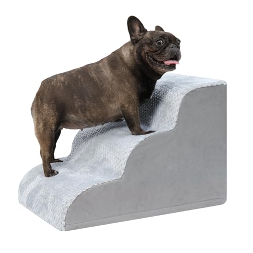 KSIIA Escalera para Perro 3 Escalones, Rampa para Perros con Base Antideslizante, Escalera para Mascotas Funda Desmontable y Lavable, para Sofá y Cama, Cachorros y Mascotas Mayores, 40x57x40 cm, Gris