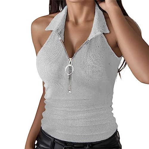 Duohropke Camiseta sin mangas para mujer, cierre a rayas, cuello en V, sin mangas, elegante, de verano, acanalada, monocolor, básica, suelta, informal, para oficina, ropa larga, blusa larga, gris, S