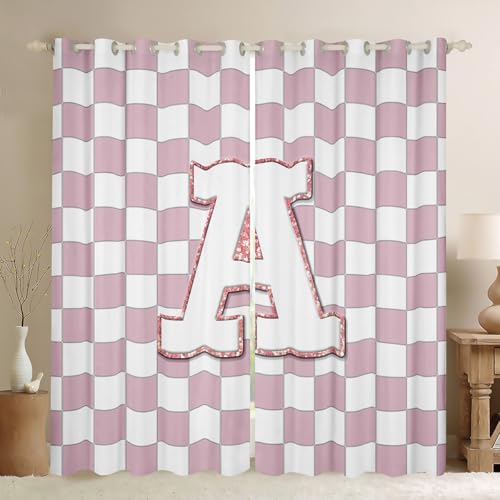 Image of Erosebridal Pink Initial A Window Drapes Kawaii Plaid Checkered Blackout Curtains 42 inchWx63 inchL Cute Personalized Monogram Curtains for Kids Girls Bedroom,Fashion Grids Gingham Window Treatments 2 Panels