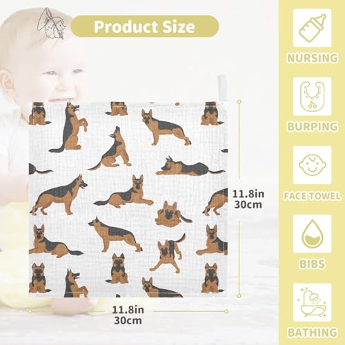 Image of vvfelixl Baby Cotton Washcloths German Shepherd Dogs Infants Bath Towel for Unisex Face Towels for Newborn, Natural Baby Wipes Delicate Skin, 11.8 X 11.8 inch, one sizex3