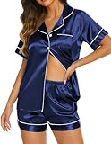 Ekouaer Pajamas for Women Set Short Sleeve Sleepwear Comfy Button Down Loungewear Summer Satin 2 Piece Pjs Shorts Set,Navy,Large