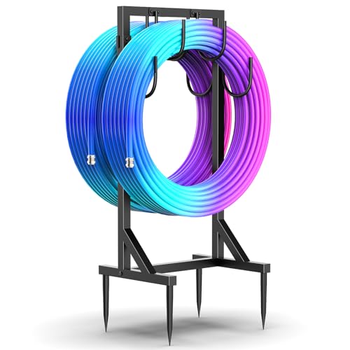MEXMIODY Garden hose holder for outside，Freestanding Hose Stand with 8 Hooks，Water Hose Holder...