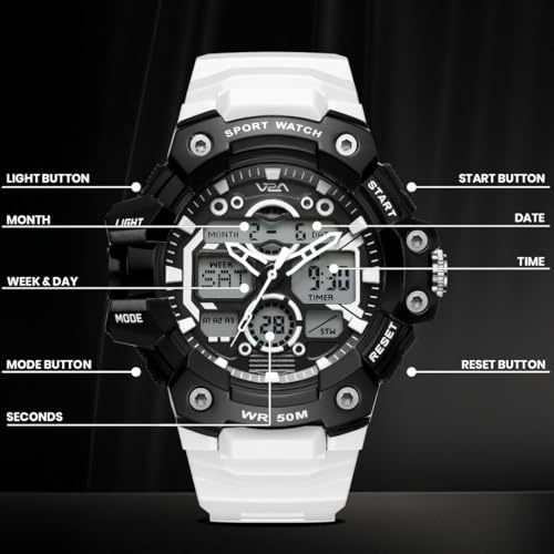 Image of V2A Stryke 53mm Analog Digital Sports Watch for Men | 3 Alarms & Countdown Timer | Layered Multi-Display Dial | Stopwatch, Dual Time, Day-Date | TPU Strap | 50M Water Resistant | Gift for Men