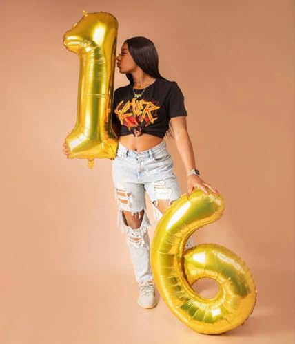 Image of Gold 6 Balloon, Number Balloon 40 Inch, Gold and Black Party Supplies 6th Balloons for Birthday, 6 Birthday Balloon, Number 6 Balloon