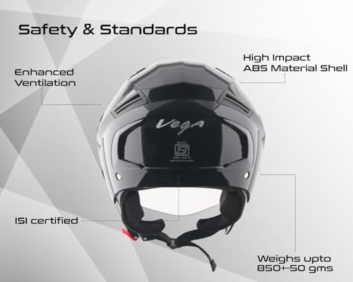 Image of Vega VO-05 Clark ISI Certified Open Face Motorcycle Helmet with High-Impact ABS Shell, Scratch-Resistant Visor, Comfortable Breathable Inner Padding & Secure Strap - Black - M