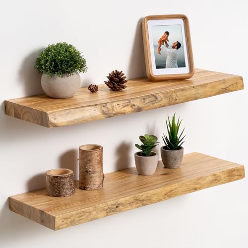fuqing Live Edge Floating Shelves for Wall 24 Inch Solid Elm Wood Shelves