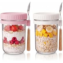 16oz - 2 Pack Overnight Oats Jars with Lids and Spoon, Overnight Oats Container with Lids, Airtigh Oatmeal Containers with Measurement Marks, Wide Mouth Mason Jars for Salad, Cereal - Pink & White