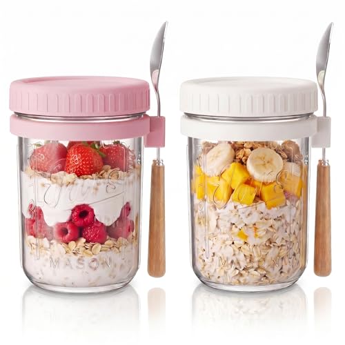 Image of HomArtist Glass Overnight Oats Containers with Lids and Spoon, 16 oz Wide Mouth Mason Jars for Overnight Oats, Cereal, Yogurt, Salad Lunch Container with Measurement Marks - Pink&White 2 Pack