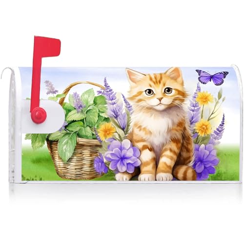 Image of Texupday Cute Cat Kitty Flower Butterfly Decoration Mailbox Cover with Magnetic Strip Spring Summer Floral Mailbox Wraps Post Letter Box Cover Standard Size 21 inch X 18 inch for Garden Outdoor Yard Decor