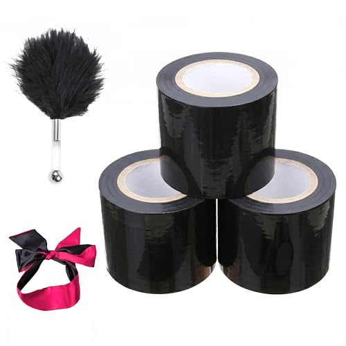 Love69Toys Bondage Tape Set - 3 Rollen (60m) Statikfreies Design, Klebt nicht an Haut & Haaren, Rückstandsfrei - Inklusive Federwedel & Weinrote Augenbinde - Vielseitiges SM Tape für Paare (Schwarz)