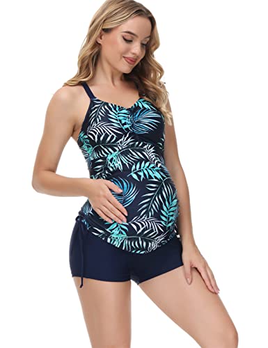 Maacie Pregnancy 2 Piece Printed Swimsuits Tankini Sets Ruched Push Up Beachwear Navy Floral M #TOP1