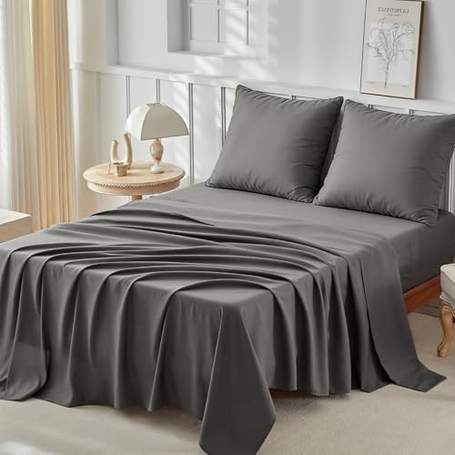 Tokokimo Parure de Lit 180x200 Complet 4 Pièces - Drap Housse 180x200 + Drap Plat 240x260 2 Personne + Taie 65x65 - Microfibre Ultra-Doux - Gris