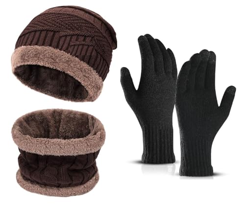 Image of Winter Knit Beanie, Hat, Neck Warmer Scarf and Woolen Gloves Set - Skull Cap for Men & Women (3 Piece)