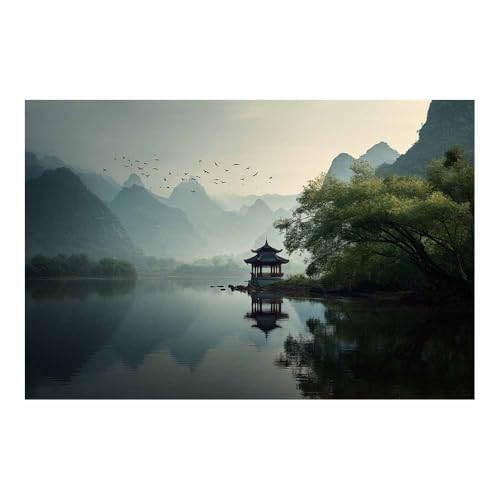 Cuadro en lienzo para sala de estar con diseño de niebla en el lago verde, formato de 40x60cm