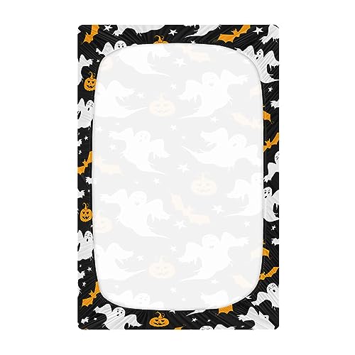 Image of Pumpkin Ghost Halloween Crib Sheets Soft Breathable Fitted Baby Playard Sheets Mattress Cover for Girl Boys, 39 inch x 27 inch x 5 inch