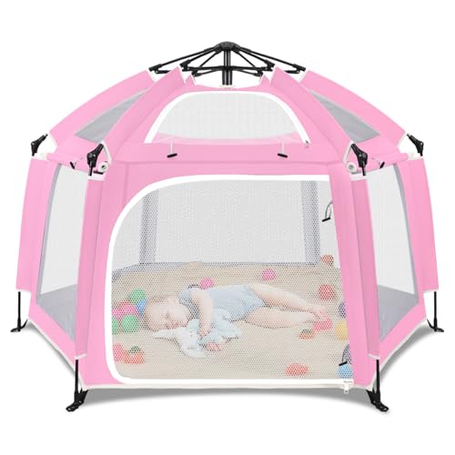 Image of Pop Up Playpen for Baby, Portable Playpen for Babies and Toddlers with Removable Sun-Shades& 2 Side UV Covers, Lightweight Outdoor Baby Play-Pen for Beach Home with Travel Bag, Pink & Gray