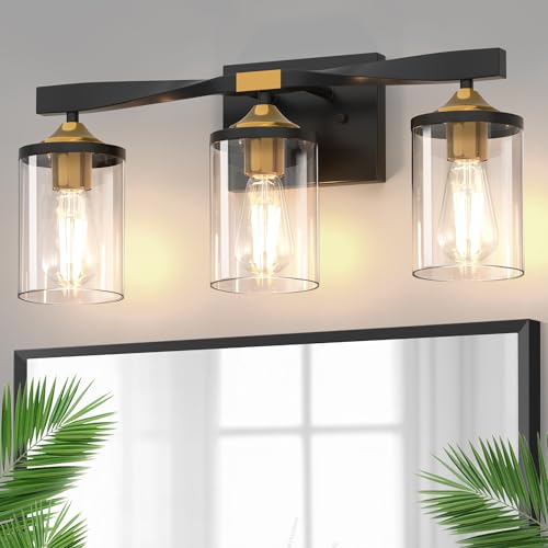 Image of DORESshop Bathroom Light Fixtures, 3-Light Black and Gold Bathroom Lights Over Mirror, Vanity Lights for Hallway Bedroom Living Room