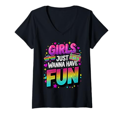 Image of Women's Retro 80s Typography Gradient Girls Just Wanna Have Fun V-Neck T-Shirt