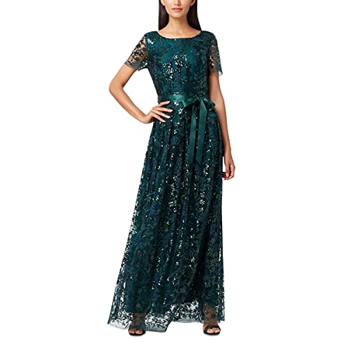 Tahari ASL Women s Short Sleeve Lace Long Dress with Ribbon Waist, Hunter Green, 8