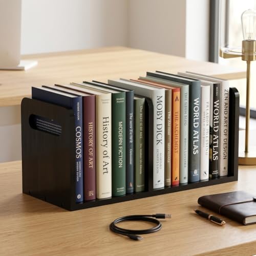 Image of 100% Solid Wood Adjustable Desktop Bookshelf with Movable Divider, Retro Tabletop Bookshelf with Convenient Handle Design for Living Room, Home, Office, Perfect for Magazine Book (Black)