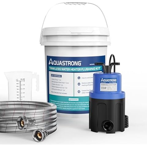 Aquastrong Tankless Water Heater Flushing Kit, 1120 GPH Submersible Utility Pump, 3/4"GHT 6FT Stainless Steel Hoses x2, 5.3 Gal Bucket, 1-Qt Measuring Cup, Corrosion-Resistant Flush Pump for Descaling Cover