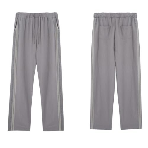 Womens Linen Pants with Pockets Soft Comfy Summer Beach Pants Casual Elastic High Waisted Trousers Wide Leg Pants with Drawstring Grey XL4