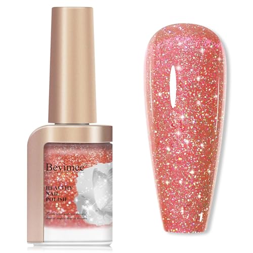 Bevimee Glitter Nail Polish Quick Dry 12ML Shimmer Holographic Reflective Air Fast Drying Iridescent Nail Lacquer Nail Art for Beginner-1PC, Pink Orange