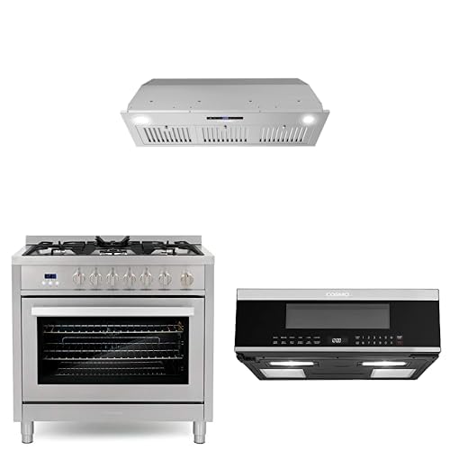 COSMO 3-Piece Kitchen Appliance Packages, 36" Insert Range Hood with Soft Touch Controls, 36" Gas Range with 5 Burners and 30" Slim Over the Range Microwave