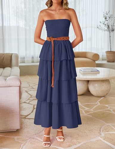 Image of ZESICA Women's Summer Boho Strapless Maxi Dress 2026 Casual Sleeveless Off Shoulder Smocked Tiered Beach Long Sundress