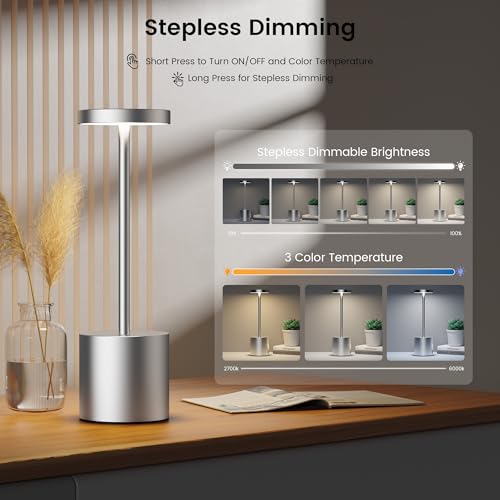 SAKRINGT Outdoor Table Lamp,LED Table Light,Cordless Table Lamp Rechargeable,5000mAh Battery Powered Dimming Desk Lamp for Restaurant/Patio/Outdoor(Silver)