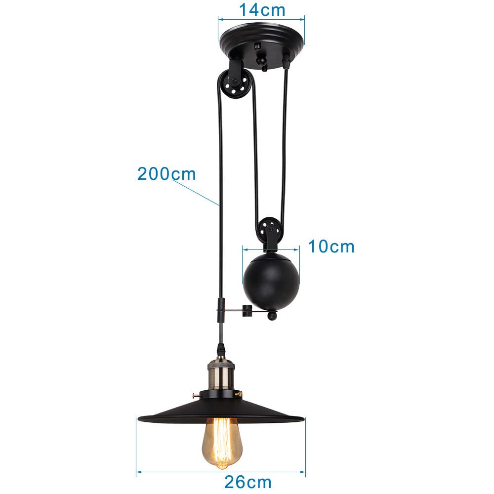 iDEGU Lámpara de Techo Vintage, Retro Lámpara Colgante Negro Diseño Industrial con Sistema de Poleas de Metal Regulable Lámpara de Araña para Comedor, Salón, Cocina, Restaurante