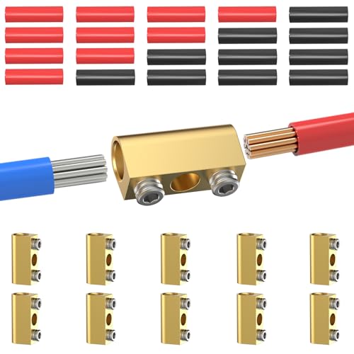 GKG 10PCS 16-8 AWG Gauge Wire Connectors Nut Kit - 60A Brass Wiring Connection Terminals with Heat Shrink Butt, M4 Screws and Wrench, No-Crimp Wire Connector for Automotive Marine Solar Industrial