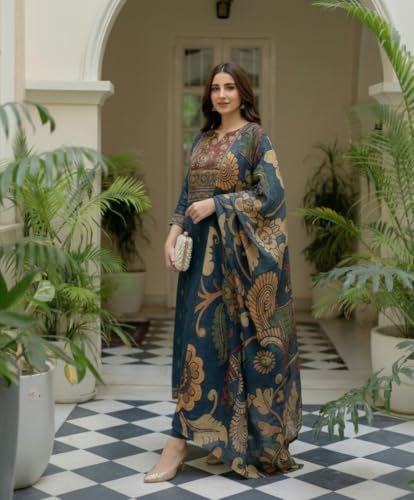 Image of ANNI Designer Women's Viscose Blend Printed Straight Kurta with Pant & Dupatta | Ethnic Suit Set for Women | Festive Kurta Set | Casual Office Traditional Outfit