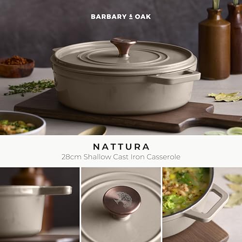 Barbary & Oak Nattura 28cm/3.8L Shallow Cast Iron Casserole/Dutch Oven/Cooking Pot with Durable Enamel Interior, Self Basting Lid, Induction Compatible, Cashmere, BO800322CSH - Image 3