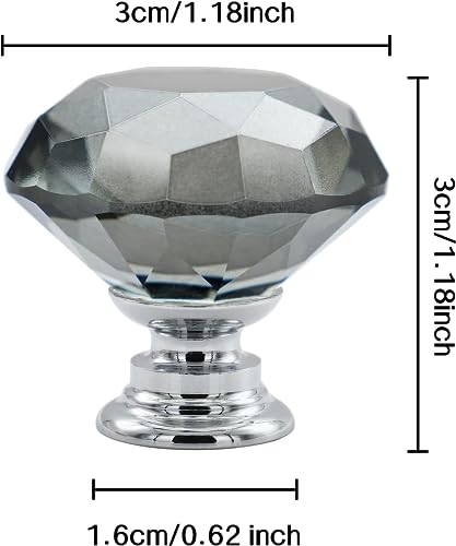 Vandicka 4 Pack 30mm Crystal Glass Cabinet Door Knobs Wardrobe Cupboard Dresser Drawer Pull Handles (Grey Diamond + Chrome Base) with Screws in 3 Sizes - Image 2