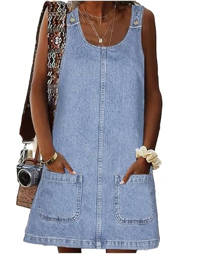 ebossy Women's Vintage Distressed Sleeveless Baggy Loose Denim Mini Dress with Pocket