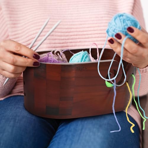 Image of Large Oval-Shaped Wooden Yarn Bowl, 11.2x6.1x4.7inch Wood Bowl for Crocheting, Crochet, Knitting, and Sewing, Yarn Holder with Multiple Holes, High Capacity Storage, Christmas Gifts for Crocheters