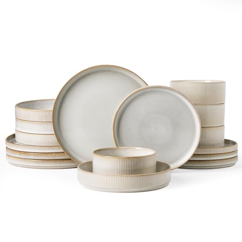 Image of Famiware Star Dinnerware Set with Pasta Bowls, Service for 4 (16pcs), Ribbed Stoneware Plates and Double Bowls Dishes Sets - Chip & Scratch Resistant, Microwave & Dishwasher Safe, Cappuccino White