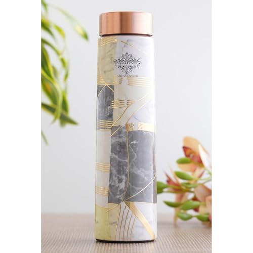 Image of INDIAN ART VILLA Copper Gold Print Copper Bottle, Copper Drinkware, 800 ML, Gold Printed White