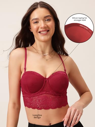Image of Clovia Women Lace Solid Padded Full Cup Underwired Bralette Bra - Red