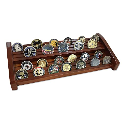 E-Coin Challenge Coin Display Rack Military Coin Stand Solid Wood Veteran Coin Double Layer Holder Shelf Mahogany Finish-8 Rows