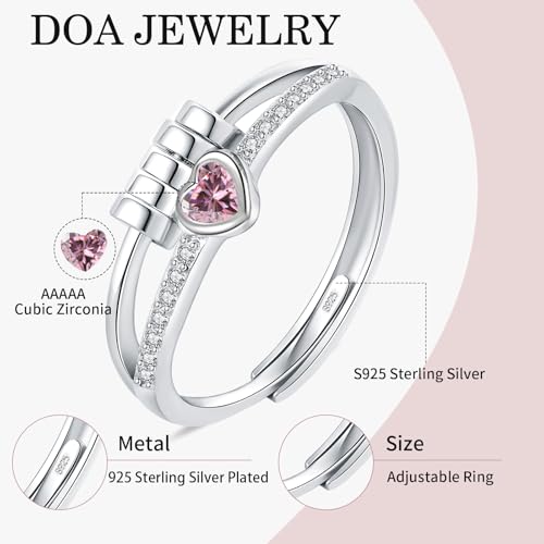 Birthstone Jewellery for Women, Adjustable October Birthstone Fidget Ring, Sterling Silver Plated Fidget Gifts, Pink Anxiety Heart Rings for Daughter Birthday Christmas - Image 2