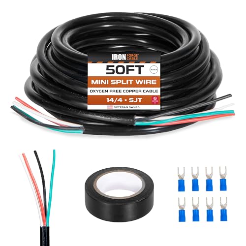 Iron Forge Cable 14/4 Mini Split Wire - 50ft, 300V, 14 Gauge 4 Conductor Wire with Connectors and Tape - 14-4 Copper Conductor Cable UL/ETL Certified